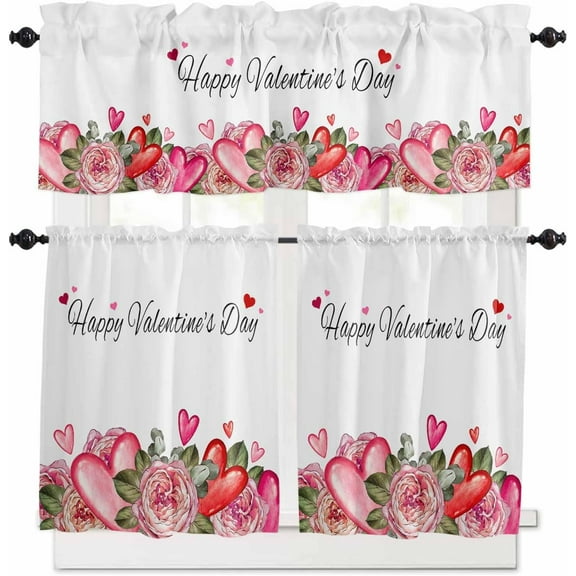 Valentine''s Day Kitchen Curtains and Valances Set, Rod Pocket Curtains Tier Farmhouse Window Curtains 24 Inch Length, Romantic Pink Rose Leaves Love Heart 3 Piece Kitchen Curtains Set