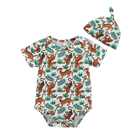 

Kucnuzki Newborn Baby Boy Clothes 6 Months Summer Jumpsuit Bodysuit 12 Months Short Sleeve Tiger Prints Cozy Romper Button Jumpsuit Bodysuit Hat 2PCS Set White