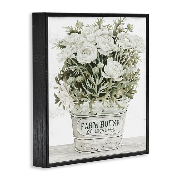 Stupell Industries Farmhouse Planter White Rose Blossoms Rustic Table Painting Black Framed Art Print Wall Art, Design by Cindy Jacobs