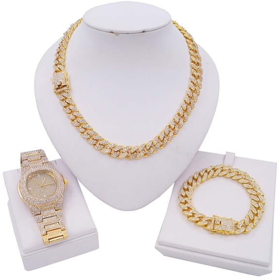 Hip hop Miami cuben necklace bracelet icedout watch Gold color #3