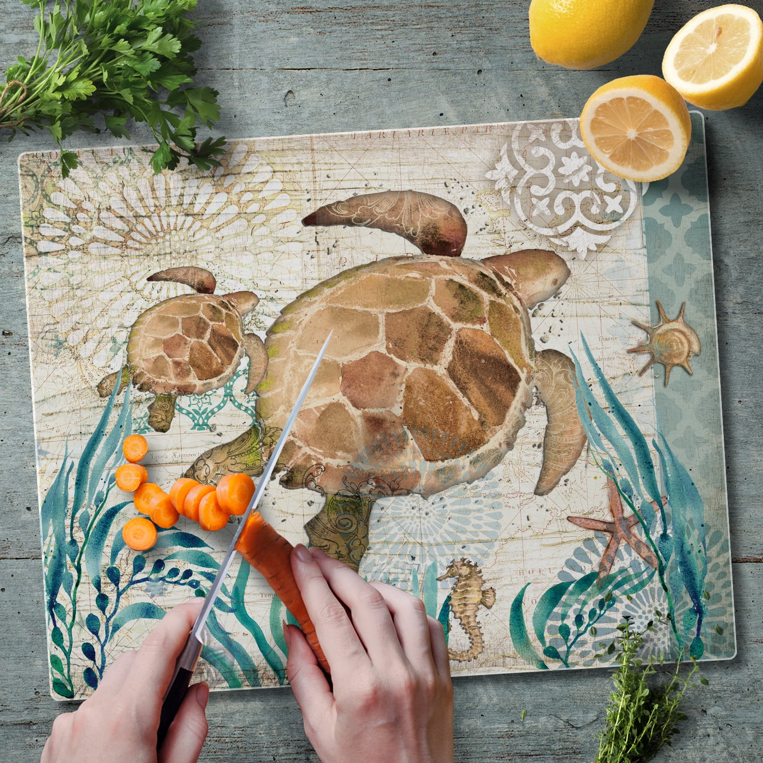 CounterArt "Bay Turtle" 3mm Heat Tolerant Glass Cutting Board 15" by 12"