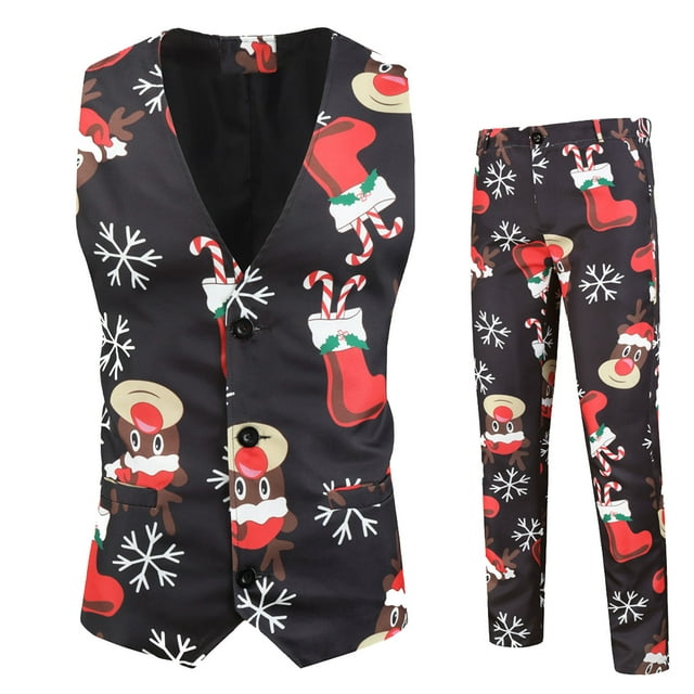 Men's Suits Stylish Fashion Print Christmas Suit Jacket Trousers Two-Piece Outfit for Men