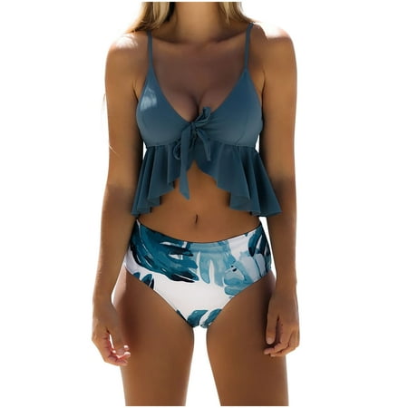 Awdenio Women s Bikini Sets Two Piece Swimsuit Tummy Control Ladies Sexy Flower Hollow Out Split Swimsuit Bikini Print Beachwear Set
