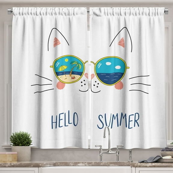 Ambesonne Cat Kitchen Curtains, Hello Summer Animal Sunglasses, 55"x39", Blue Yellow Apple Green