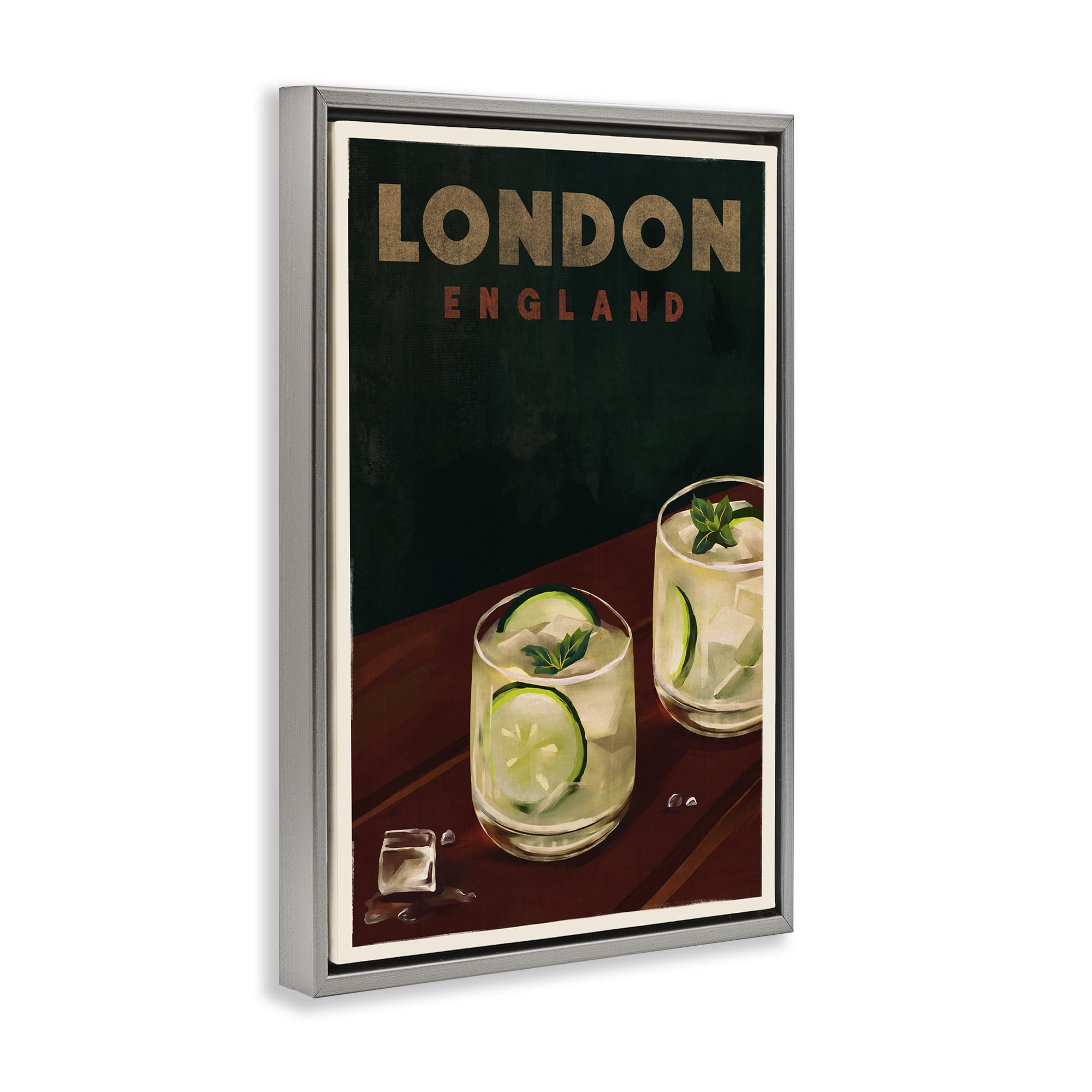 Stupell Industries London England Cocktail Food & Beverage Painting Gray Floater Framed Canvas Art Print Wall Art, 21 x 31