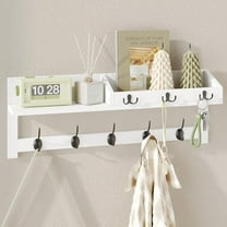 26.57-Inch Wall Hanging Shelf With Coat Hooks - Entryway Wood Rack With 5 Dual Hooks, 3 Key Hooks, Mail Organizer and Key Holder (White)