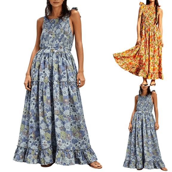Yeaiivve Summer Dress for Women Vintage Floral Tie Strap Maxi Dresses Round Neck High Waist Tiered Ruffle Hem Long Sundress Blue,XL