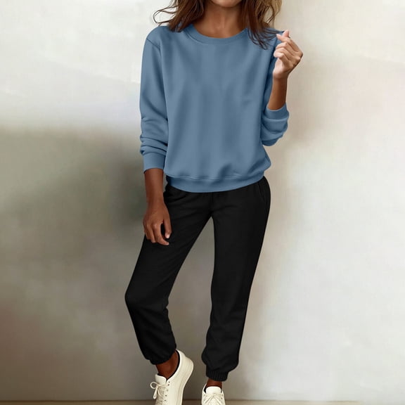 Costeam Womens Solid Crewneck Sweatshirt 2 Piece Outfit Long Sleeve Pullover Jogger Sweatpants Set Elastic Waist Tapered Pants with Pockets Soft Knit Casual Tracksuit