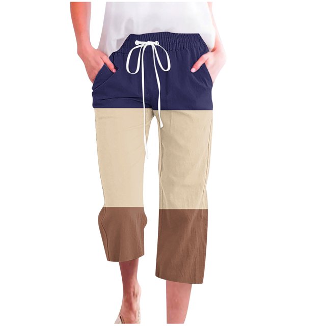 FAIWAD Pantalons Capri en Lin pour Femmes, Poches Larges, Taille Élastique