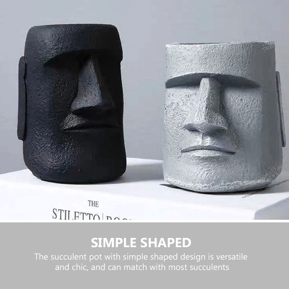 OUNONA Face Heads Easter Island Statue Flower Pot Office 25.5x19.5cm Dark Grey