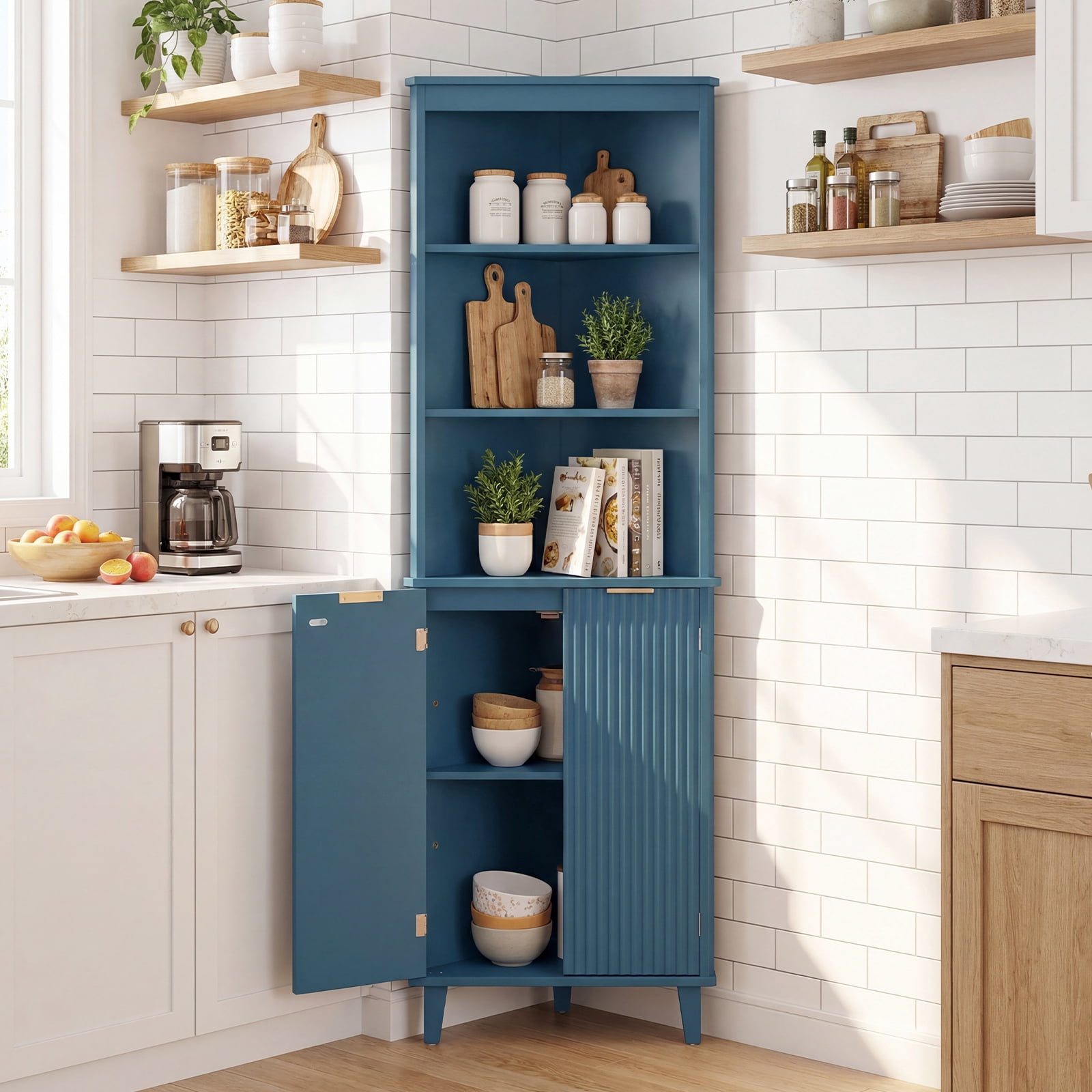 Costway 68" Tall Corner Bathroom Cabinet with Fluted Doors, Modern Bathroom Floor Storage Cabinet Blue