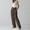 Coffee, variant on Babysbule Womens Straight Linen Pants Women's Leisure Solid Color High Waist Cotton Wide Leg Pants Elastic Waist Pants