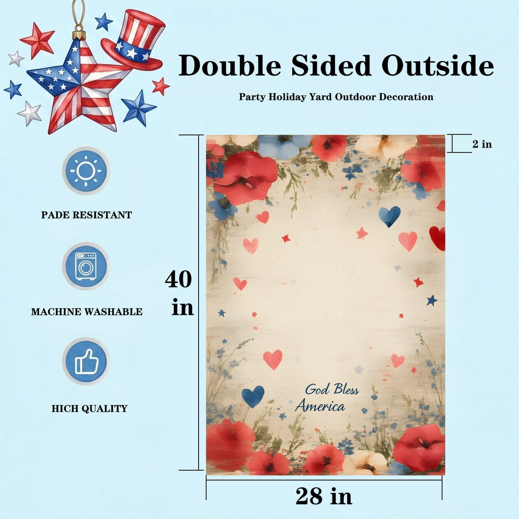 americana garden flag A patriotic background with red white and blue flowers and hearts. God Bless America outdoor flags Large Size 28x40 Inch 4th of july yard decor