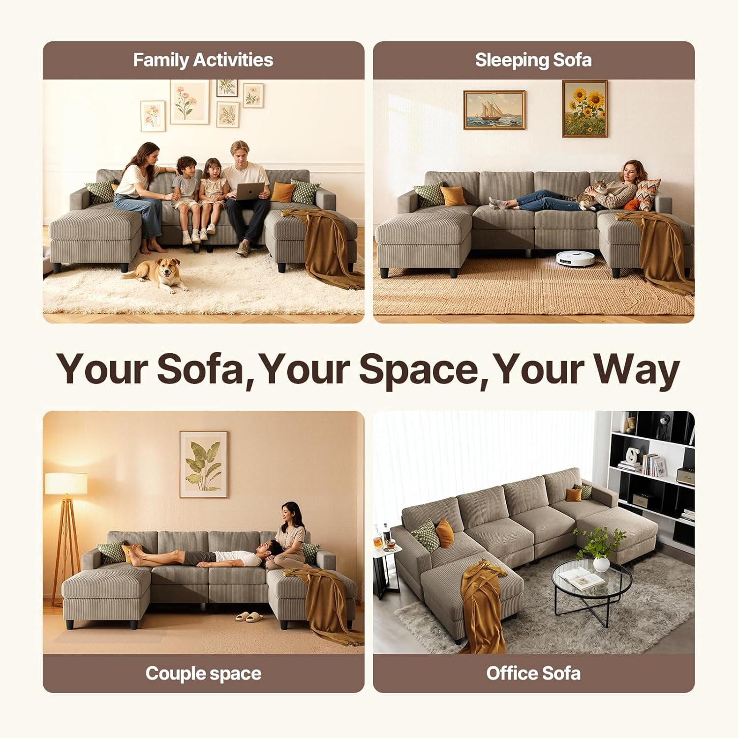 AENKYO U-Shaped Sectional Sofa Couch with 2 Ottomans, Convertible 4-Seat Living Room Furniture with Removable Cushions, Brown
