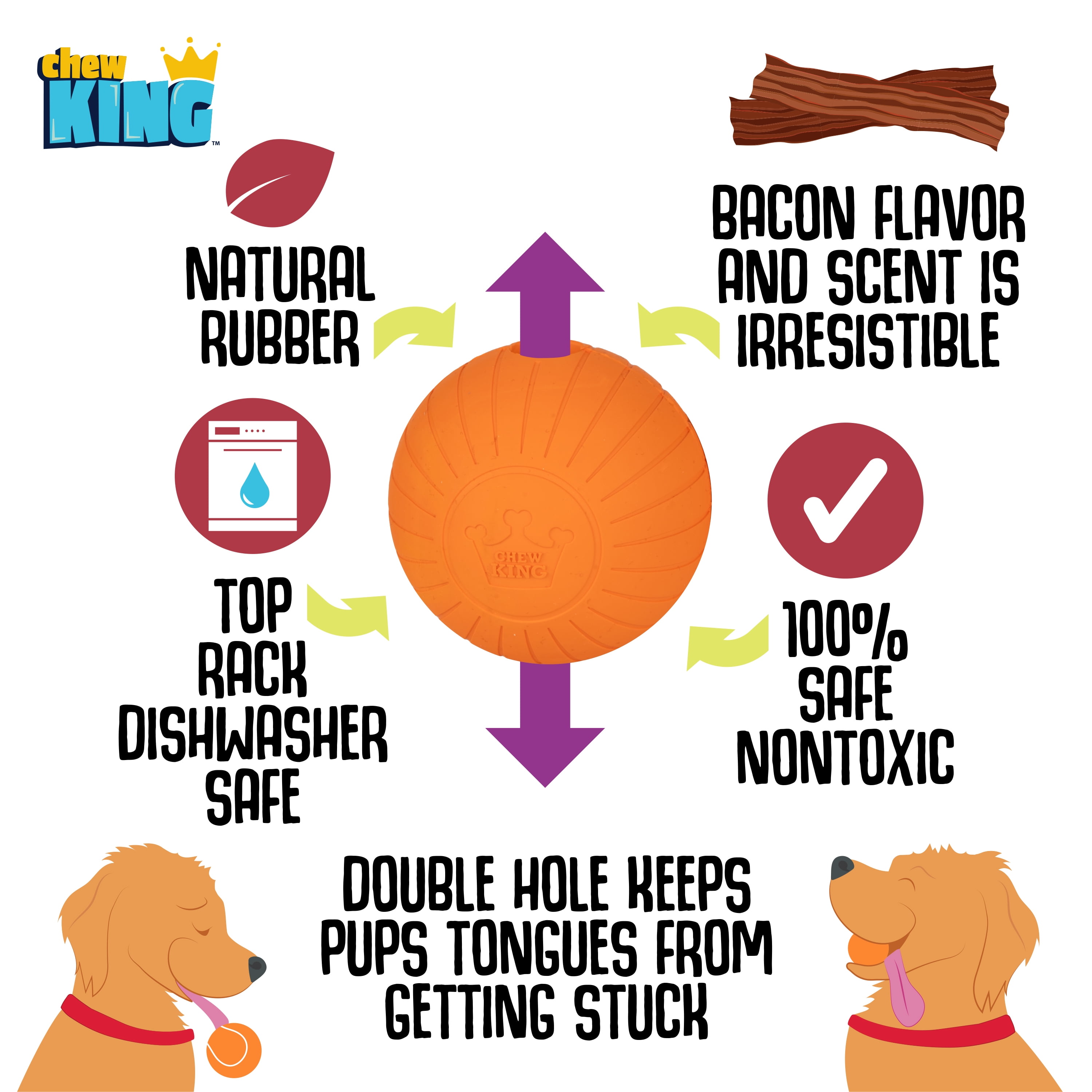 Chew King By Mammoth 2.5" All-Natural Rubber Bacon Scented Supreme Fetch Balls, Orange, 2 Pack Set