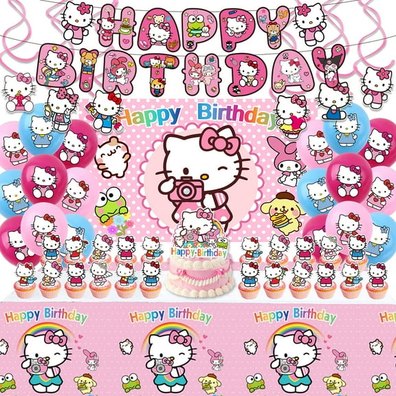 49pcs Hello Kitty themed party supplies - cartoon rainbow cat party decorations, including banners, balloons, backdrops, tablecloths. Suitable for girls little princess birthday party decorations