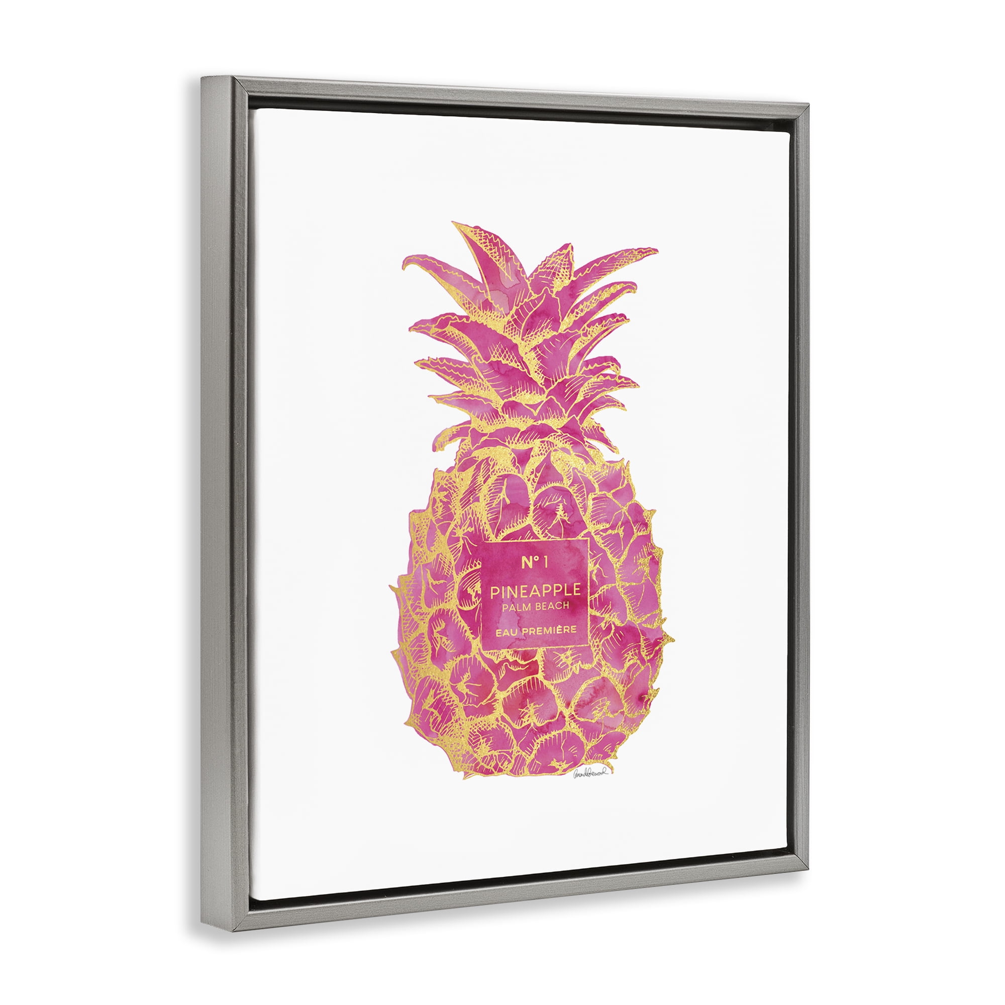 Stupell Industries Glam & Pink Pineapple Food & Beverage Painting Gray Floater Framed Canvas Art Print Wall Art, 17 x 21
