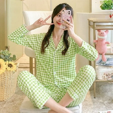 

PIKADINGNIS Women Nightwear Sets WAVMIT Women Pajama Set Solid Color Stripes Pyjama Set Long Sleeve Sleepwear Women Top Long Pant