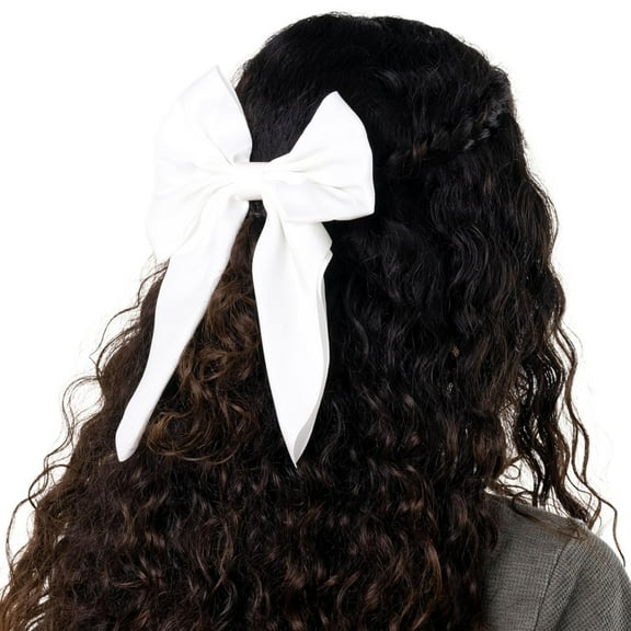 Claire's White Satin Hair Bow with Barrette Clip Closure, Elegant Hair and Fashion Accessory for Women, Teens, Tweens, and Girls, 6-inches Long