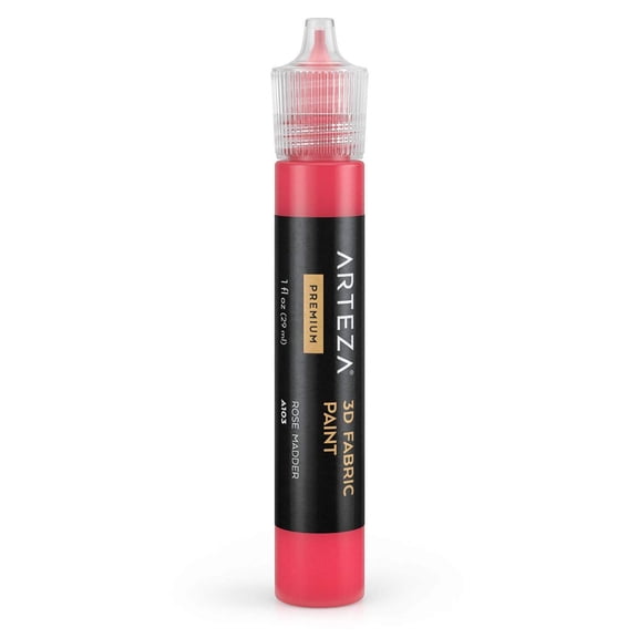 ARTEZA 3D Fabric Paint, Rose Madder A103, 1oz Tube, Washer Dryer Safe Textile Paint for Clothing, Accessories, Ceramic, Glass DIY Projects