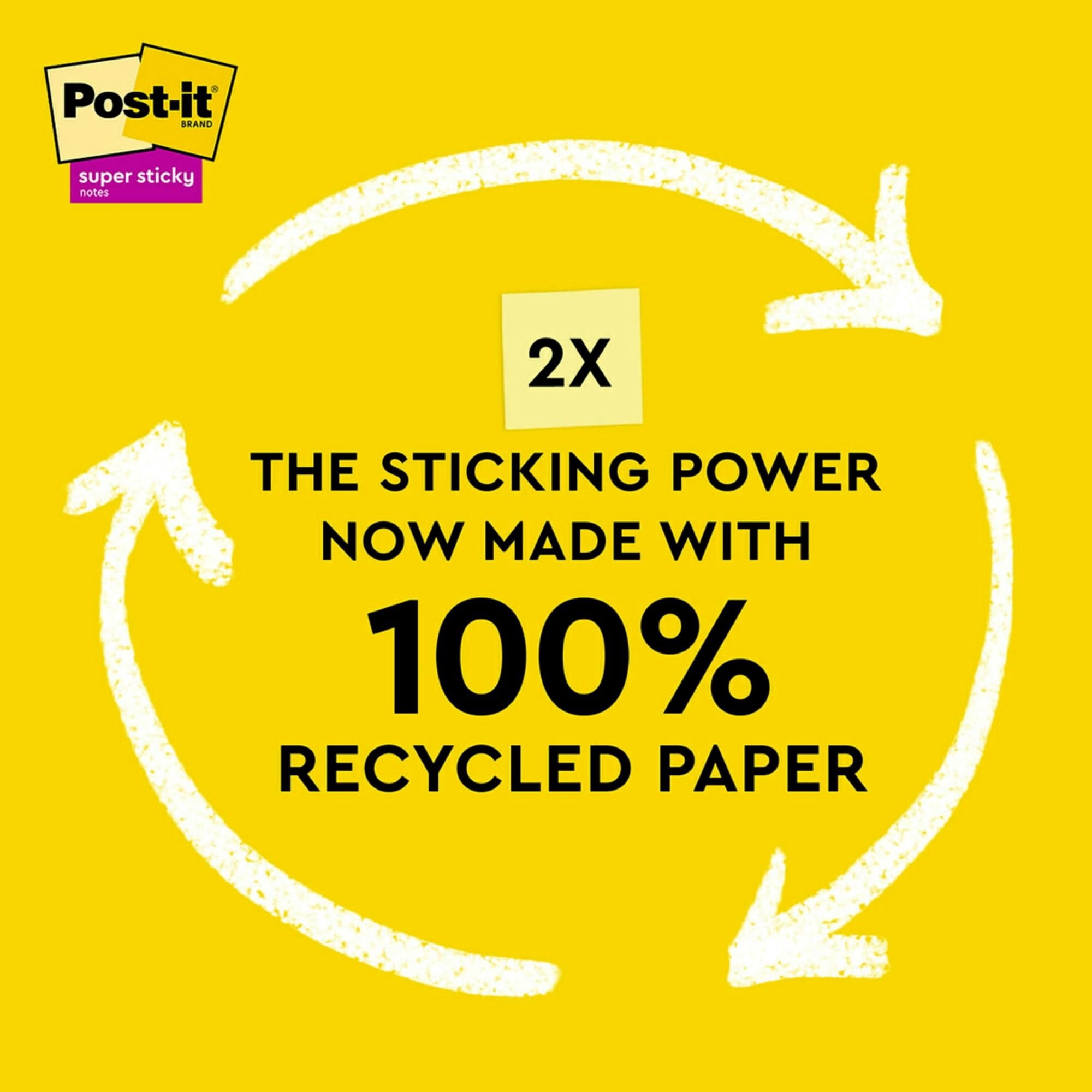 Post-it Super Sticky Recycled Notes, 3 in x 3 in, 24 Pads, 70 Sheets/Pad, 2x the Sticking Power, Canary Yellow, 100% Rec