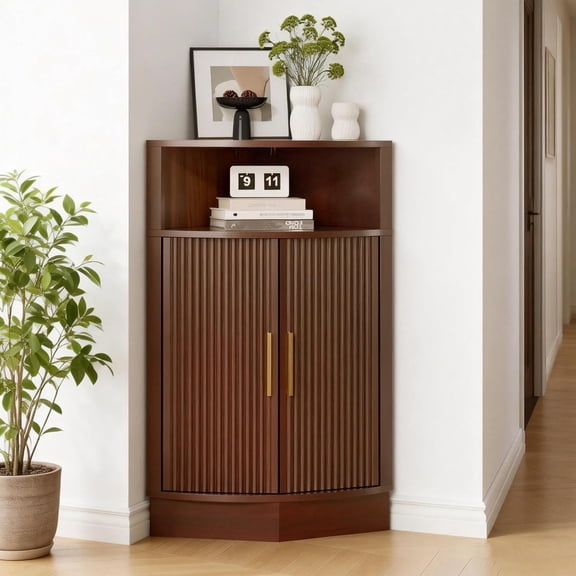 Small Corner Cabinet, Modern Corner Cabinet with Fluted Door and Open Shelf, Space Saver for Home Corner, Living Room, Kitchen, Bathroom, Brown
