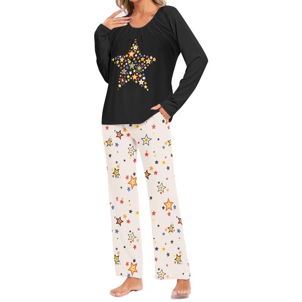 Puntoco Conjunto de pijama cómodo para mujer, conjunto de pijama con parte superior y pantalones casuales con estampado degradado para mujer
