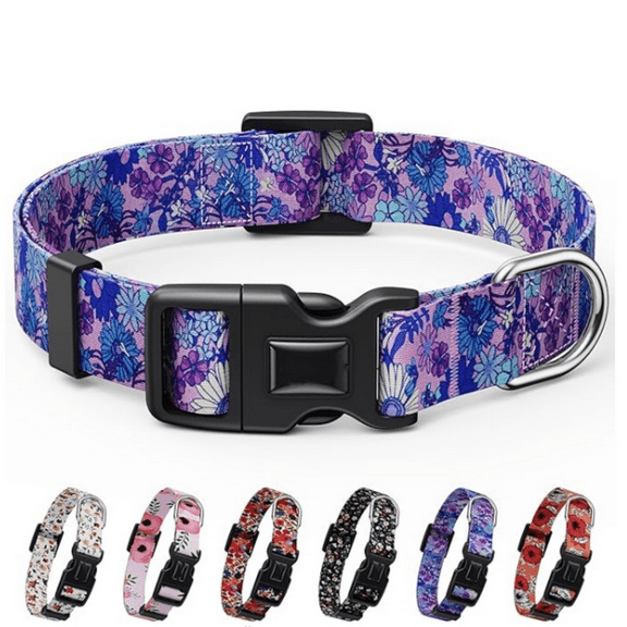 Reflective Combination Pattern Girl Dog Collar for Puppy Small Medium Large Breed Dogs,Female Cute Floral Designer Dog Collars,Adjustable Soft Nylon Pet Collar,Quick Release Dog Collar M