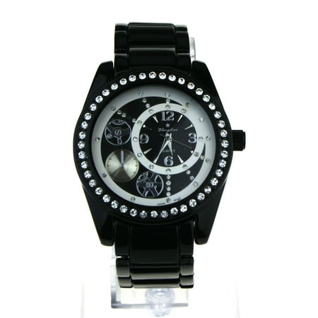 Womens Iced Out Bling Luxury All Black Jewel Analog Metal
