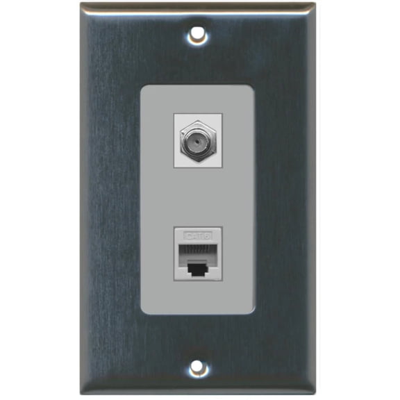 RiteAV - 1 Coax Cable TV F and 1 Cat6 Ethernet Wall Plate Decorative - Stainless Steel/Gray - Bracket Included