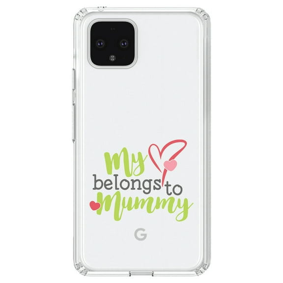 DistinctInk Clear Shockproof Hybrid Case for Google Pixel 4 XL (6.3" Screen) - TPU Bumper Acrylic Back Tempered Glass Screen Protector - My Heart Belongs to Mummy