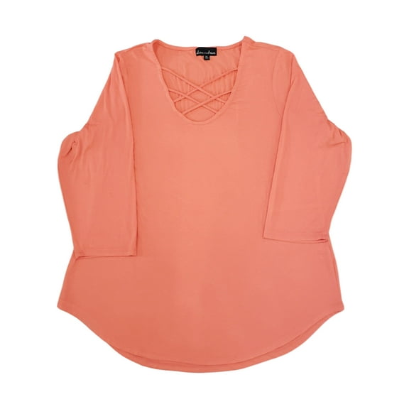 Womens Bright Coral Criss Cross V Neck 3/4 Sleeve Top Shirt Blouse X-Large