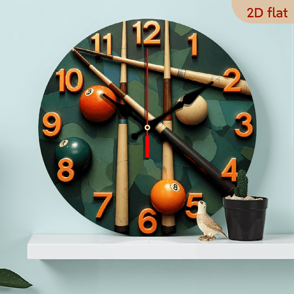 10-inch 2D flat "Billiard Stick and Billiard Ball" theme wooden circular silent wall clock, suitable for modern home art decoration, wall decoration, it is an ideal holiday gift and birthday gift