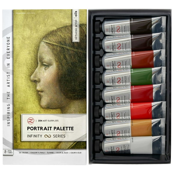 ZenART Peintures à l'Huile Non Toxiques pour Artistes Professionnels - 8 x Grands Tubes de 50 ml - Palette de Peintures Écologiques pour Portraits avec Pigment Exceptionnel et Fini Lustré - la Série Infinity
