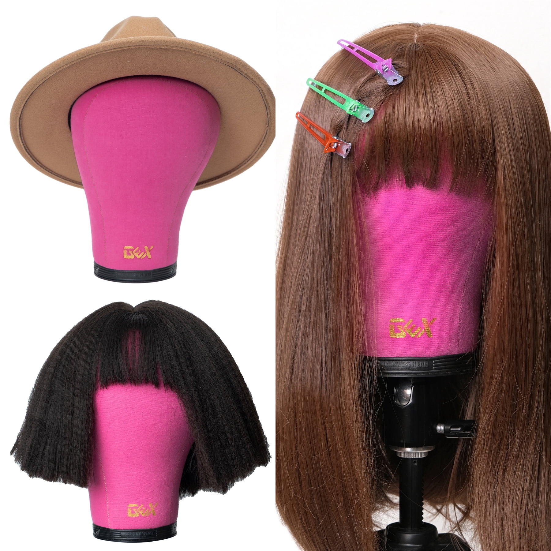 Gex Worldwide 20"-24" Cork Canvas Block Head Mannequin Head Wig Display Styling Head With Mount Hole and Accessories (21") Rosy