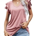 thumbnail image 1 of Camiseta de verano holgada, de doble capa y fluida para mujer, cuello en V, manga corta con volantes, 1 of 6