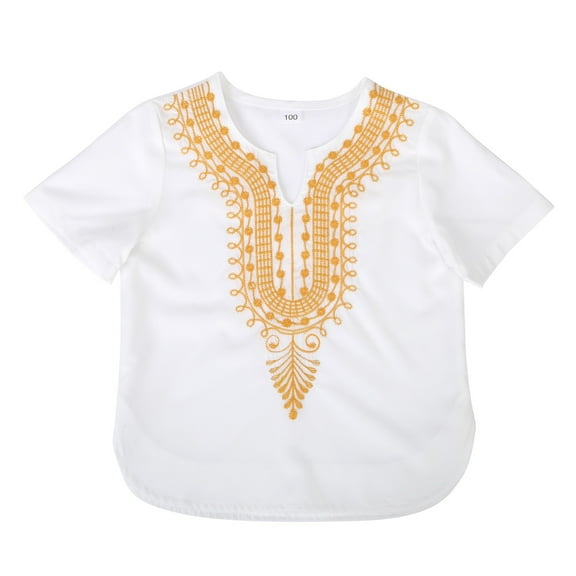 Boys African Dashiki Shirt Traditional Loose Fit Casual Top for Kids Celebrations and Everyday Wear,Color:White,5-6 Years