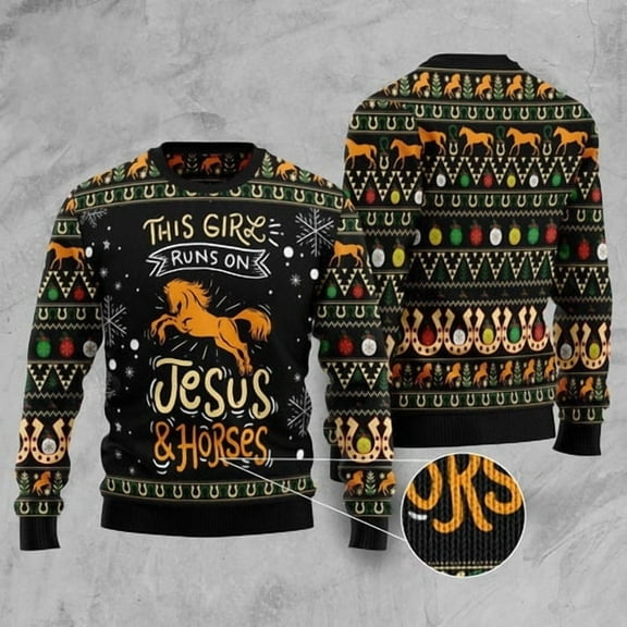 Girls Run On Jesus And Horses 3D Christmas Sweater, Funny Xmas Sweater, Sweater Xmas