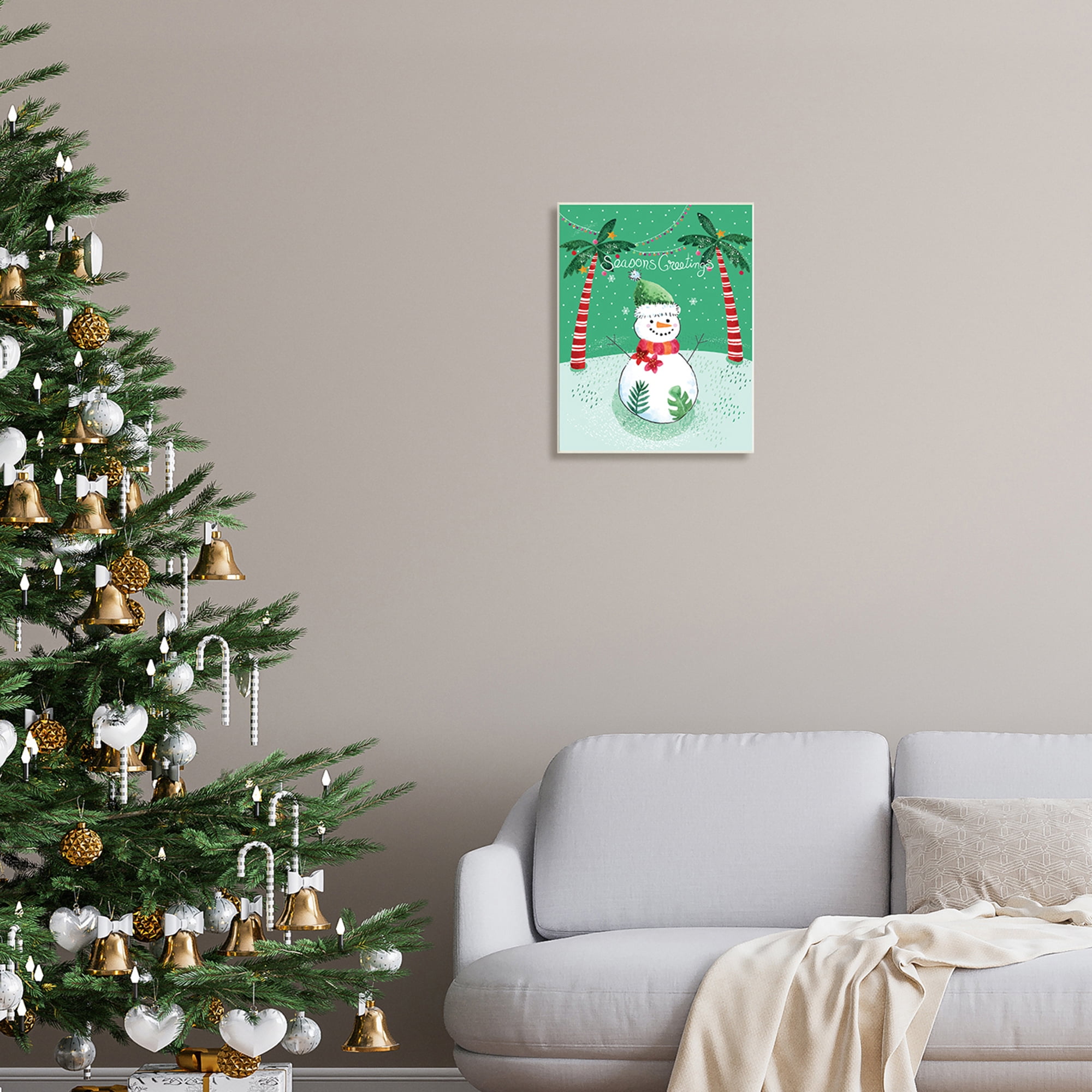 Season's Greetings Tropical Striped Palm Trees Snowman Landscape Graphic Art Unframed Art Print Wall Art