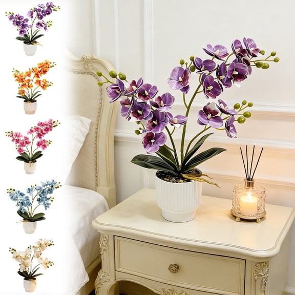 FEOLGEHLY Realistic Artificial Orchid Potted Plant, Fake Phalaenopsis Bonsai, Home Office Dining Tables Centerpiece Decor, Silicone Petal No Maintenance Easy Care Durable, Holiday Gift (White)