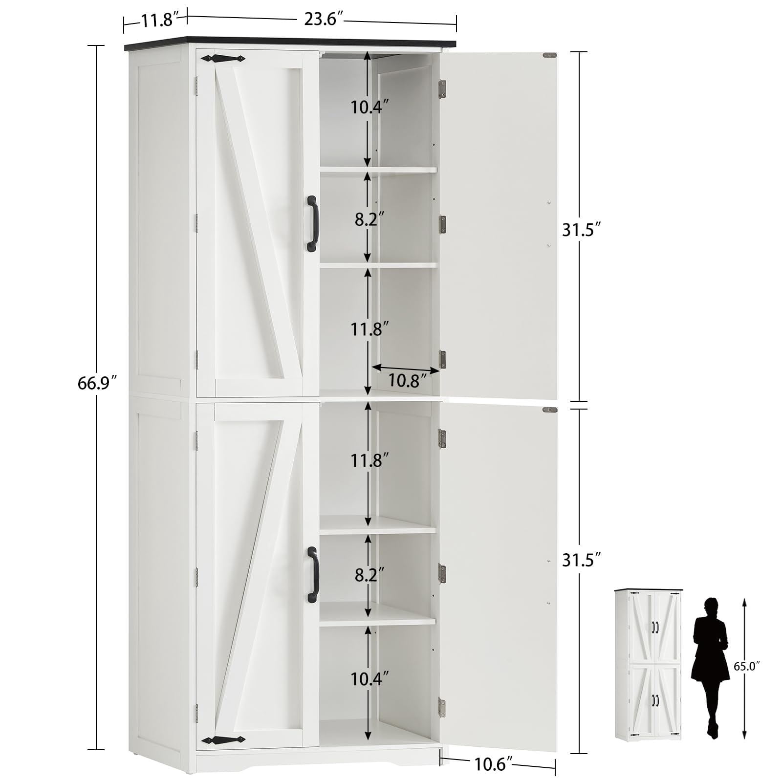 TEENFON 67" Kitchen Pantry Cabinet with 4 Doors, Farmhouse Pantry Cabinet with Adjustable Shelves, Storage Cabinet for Kitchen, Bathroom, White