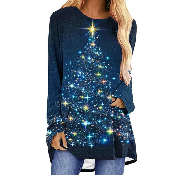 Womens Christmas Shirts Long Sleeve Christmas Tree Print T-Shirt Crew Neck Blouse for Holiday Comfort Wear Tops Fall Clothes My Items