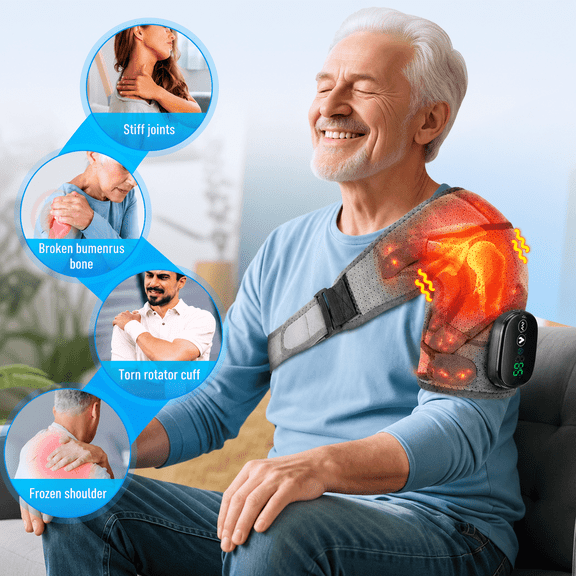 Cordless Heated Shoulder Massager, Shoulder Heating Pad with 3 Vibration and 3 Heat, 5000mAh Heated Shoulder Wrap Brace with Extension Strap for Relief Deep Tissue, Both Shoulders