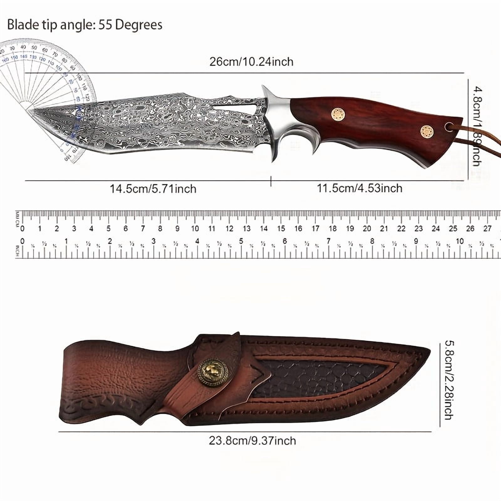 Hunting Knife with Damascus Steel Blade, Full Tang Fixed Blade with Leather Sheath