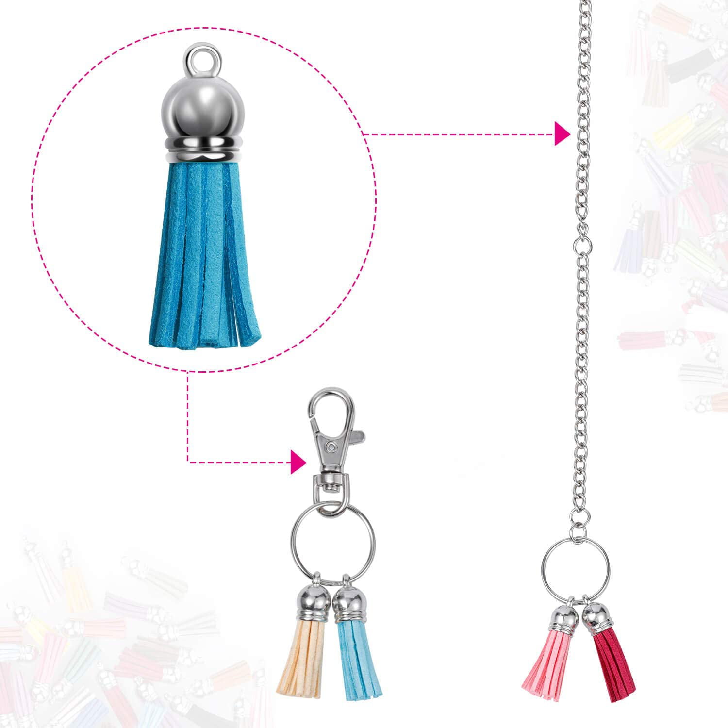 100 Keychain Tassels Leather Keychain Tassels Bulk with Sliver Key Chain Rings with Chain and Jump Rings for DIY Tassel Keychain Crafts Jewelry Making 300 Pieces Make Keychain Kit 