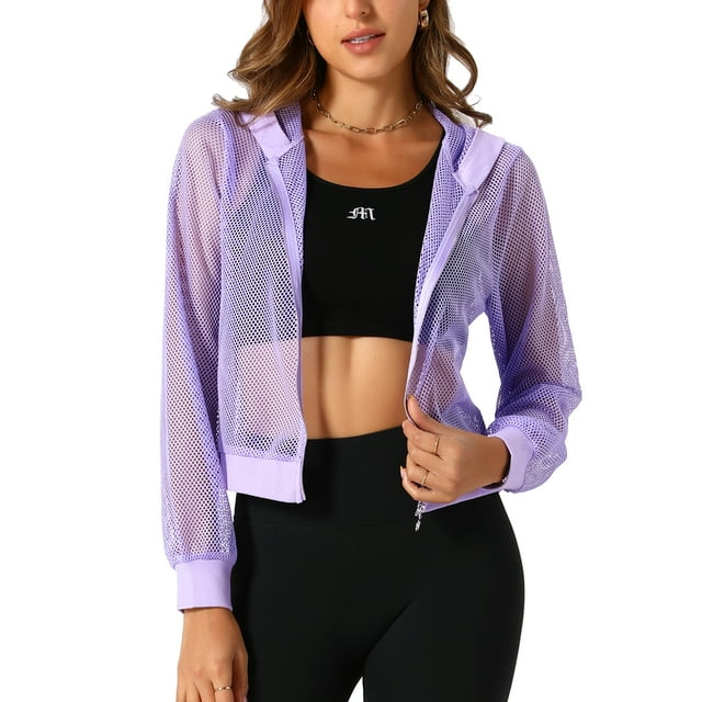 INSPIRE CHIC Ribbed Cuffs Jacket for Women Hoodie Mesh Bomber Jacket M Light Purple