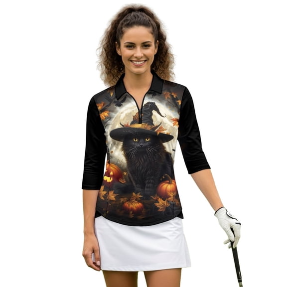 HUIACONG Halloween Womens 3/4 Sleeve Golf Shirts Quarter Zip with Wear Resistant Fashion Quick Dry Golf Shirt Women for Workout Outing Tennis Sports