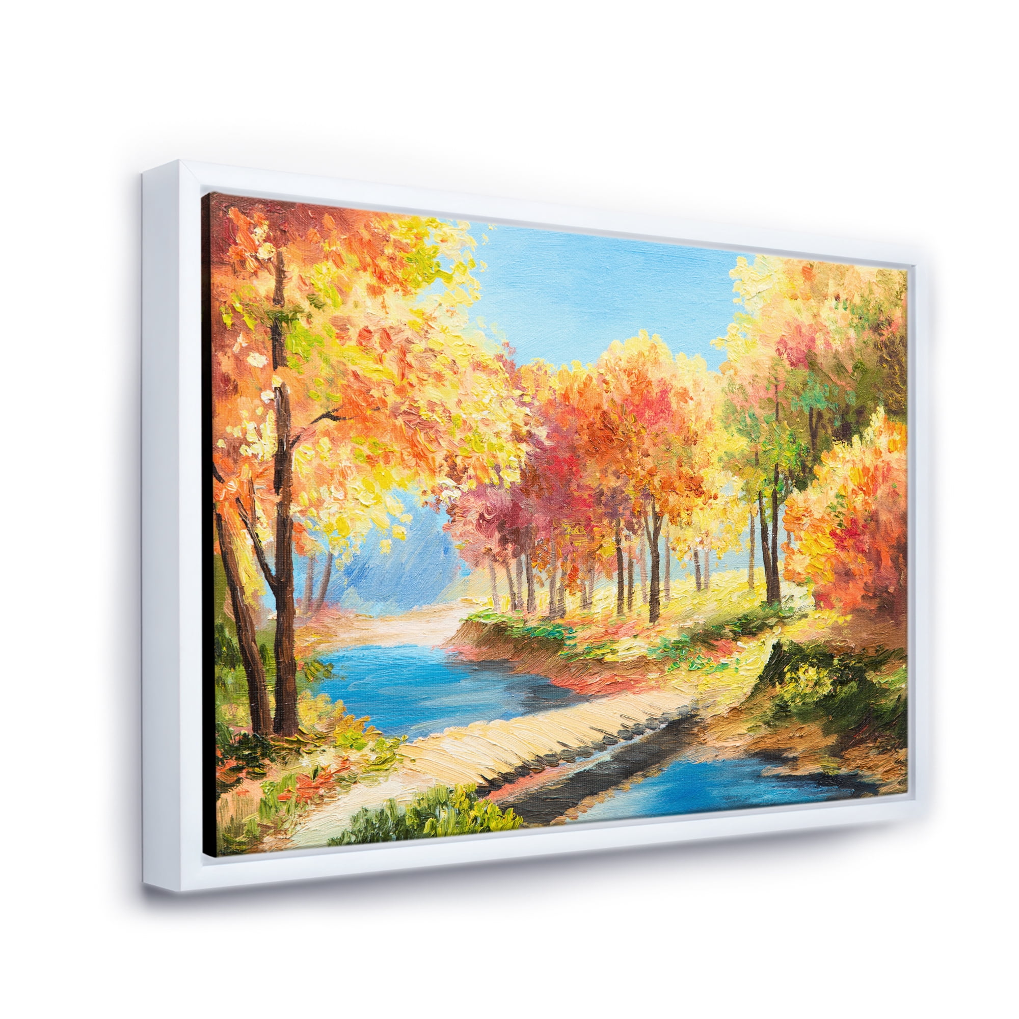 Designart 'Orange and Yellow Trees By The Riverside' Lake House Framed Canvas Wall Art Print