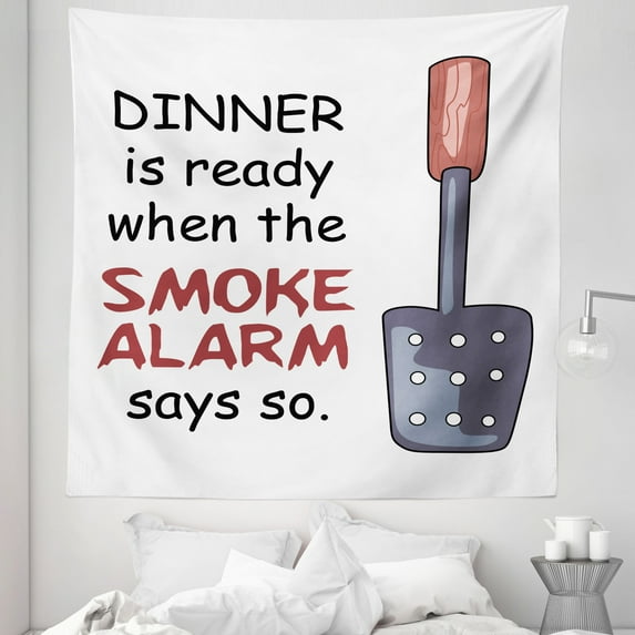 BBQ Tapestry, Dinner is Ready When the Smoke Alarm Says So Lettering Style of Artwork, Fabric Wall Hanging Decor for Bedroom Living Room Dorm, 5 Sizes, White Charcoal Grey Coral, by Ambesonne