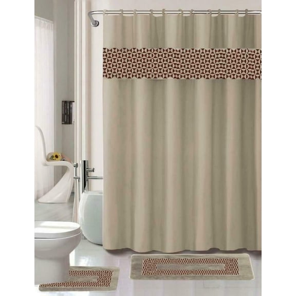 SUPER SOFT & STYLISH BOUTIQUE 15PC BATHROOM SET FRESCO TAUPE DESIGN WASHABLE NON SLIP INCLUDES 2 BATH/RUG MATH 1 SHOWER CURTAIN 12PC RINGS